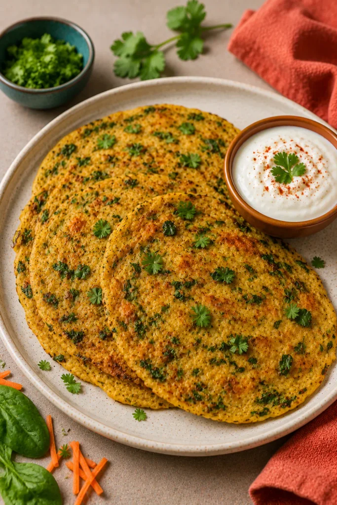 Healthy Winter Breakfast Ideas That Are Easy, featuring golden moong dal chilla served with creamy yogurt, fresh herbs, and colorful vegetable toppings.