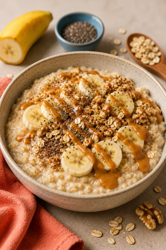 Healthy winter breakfast ideas that are easy, featuring a creamy peanut butter banana breakfast bowl with oats, banana slices, chia seeds, and colorful toppings.