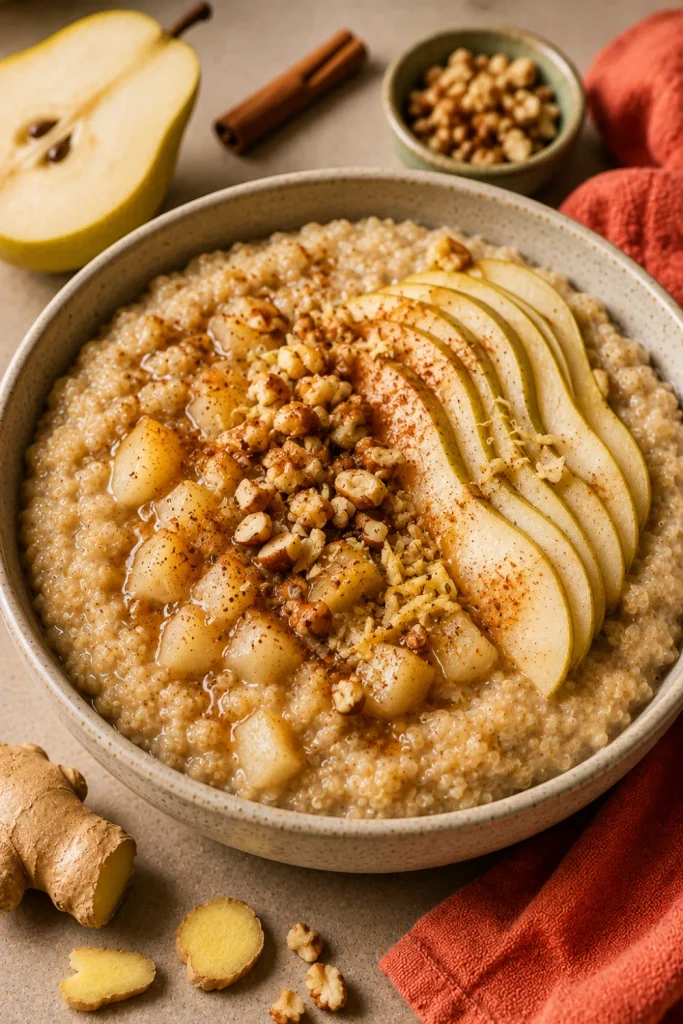 Healthy Winter Breakfast Ideas That Are Easy, featuring creamy pear ginger quinoa porridge topped with tender pears, cinnamon, ginger, and toasted nuts.