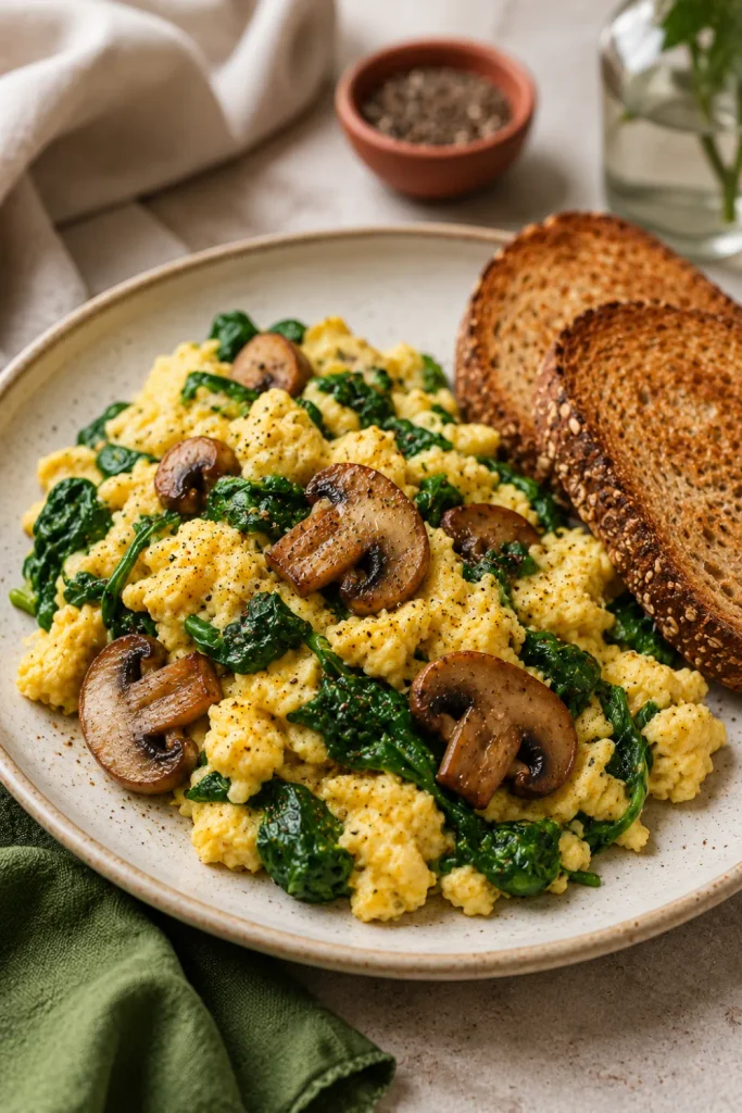 Healthy winter breakfast ideas that are easy, featuring a fluffy spinach mushroom egg scramble with sautéed mushrooms and fresh spinach served with whole-grain toast.