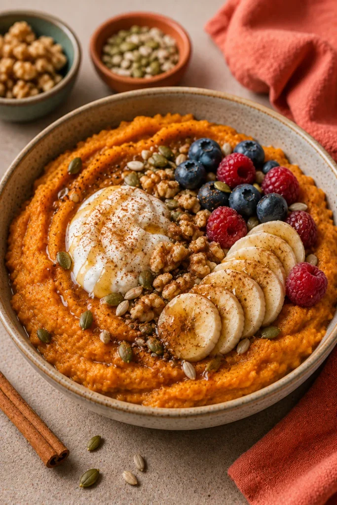 Healthy winter breakfast ideas that are easy, featuring a warm sweet potato cinnamon breakfast bowl topped with nuts, seeds, yogurt, and fresh fruit.