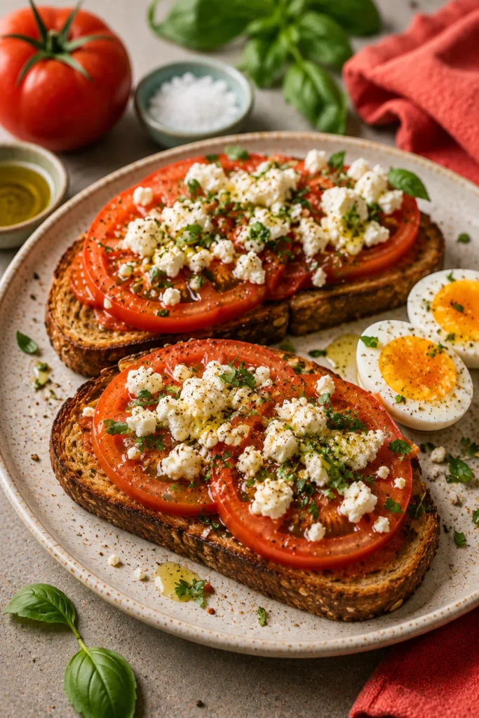 Healthy Winter Breakfast Ideas That Are Easy, featuring crisp whole-grain tomato feta breakfast toast with juicy tomatoes, creamy feta, herbs, and seasoning.