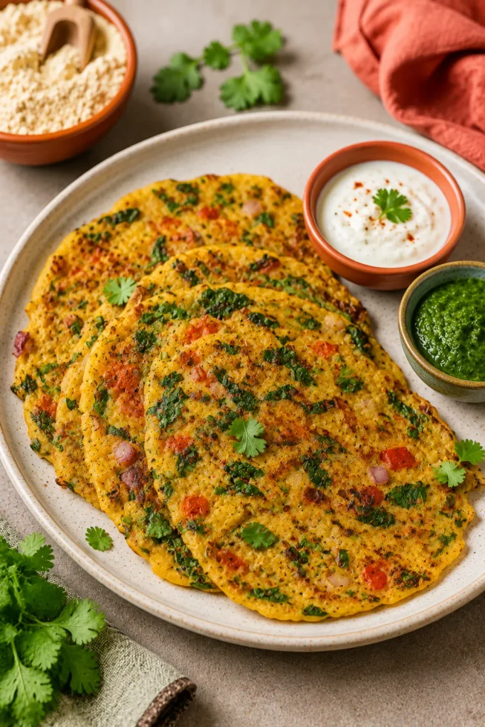 Healthy winter breakfast ideas that are easy, featuring savory vegetable besan chilla with colorful vegetables, warming spices, yogurt, and fresh herbs.