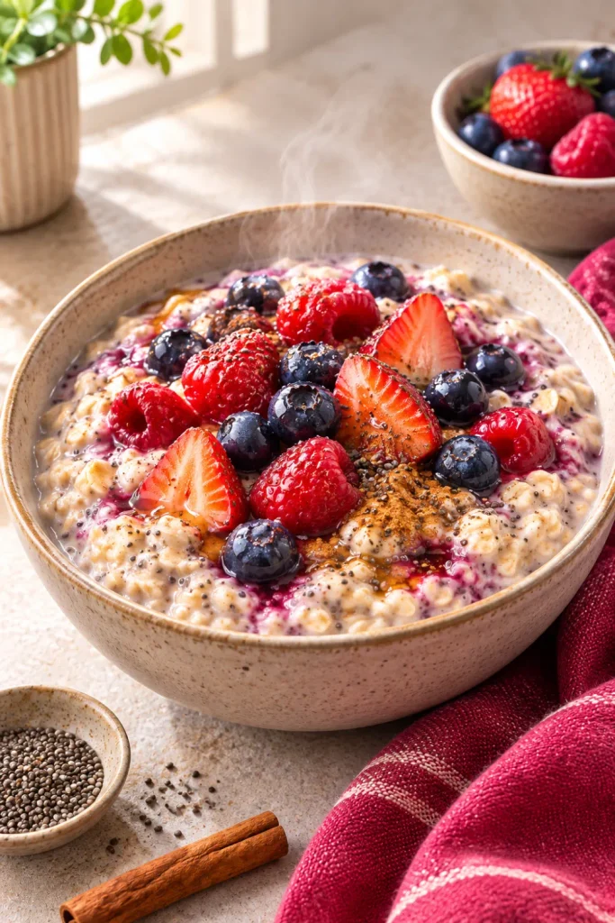 Healthy winter breakfast ideas that are easy, featuring warm berry chia oatmeal with juicy berries, chia seeds, cinnamon, and creamy oats in a colorful modern breakfast setup.