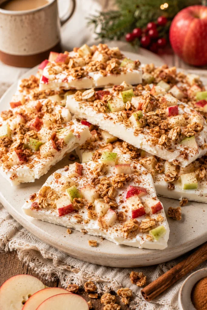 Apple cinnamon yogurt bark topped with fresh apple pieces, granola, and cinnamon for Healthy Winter Desserts Recipe Ideas For Cozy Nights.