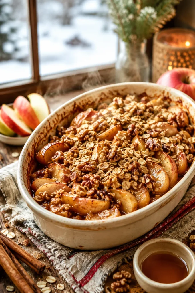 Baked cinnamon apples with a golden oat topping served warm in a ceramic dish for healthy winter dessert recipe ideas for cozy nights.