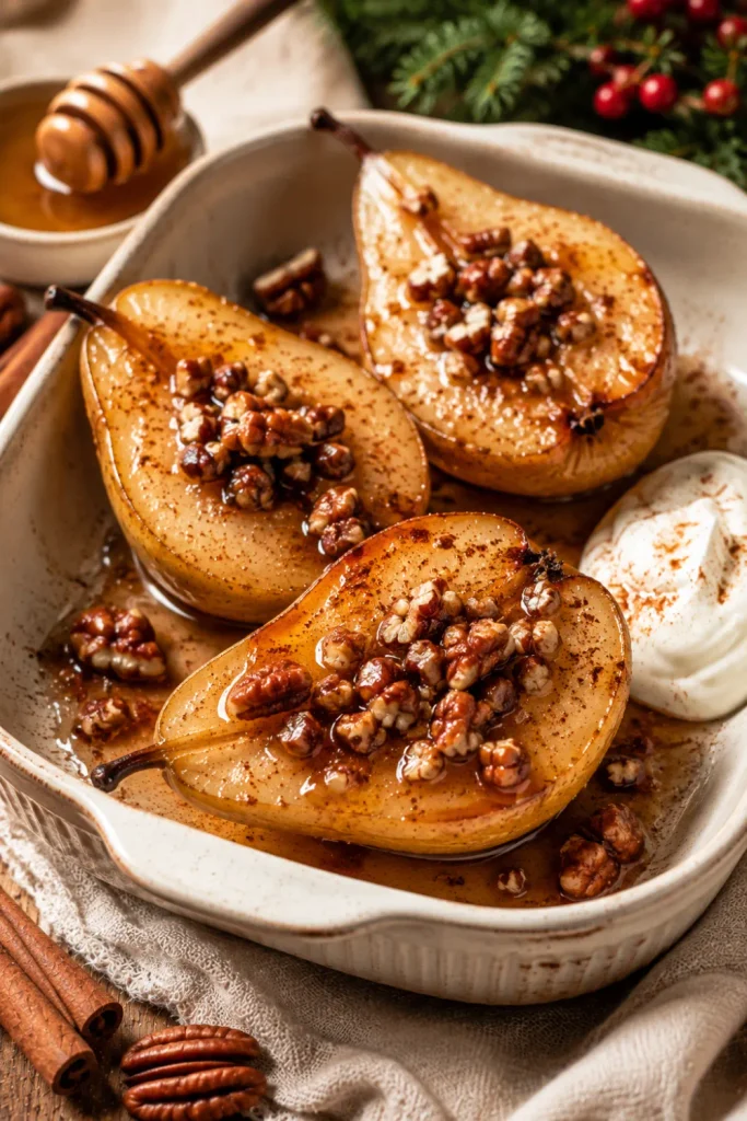 Warm baked pears drizzled with honey and cinnamon and topped with pecans for healthy winter dessert recipe ideas for cozy nights.