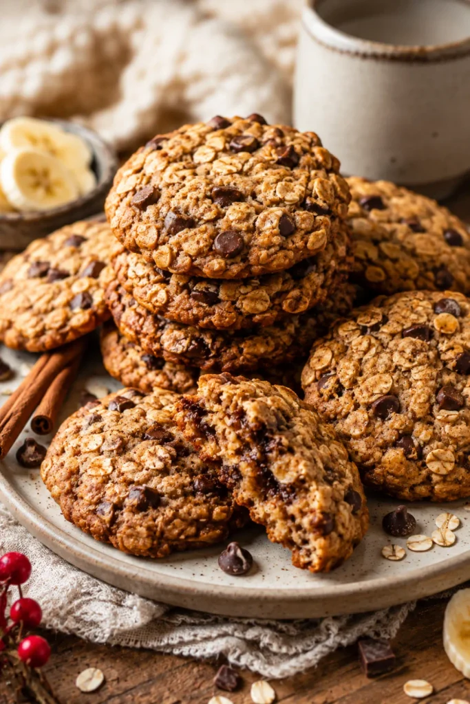 Soft banana oat cookies with dark chocolate chips are arranged on a cozy winter table for Healthy Winter Desserts Recipe Ideas For Cozy Nights.