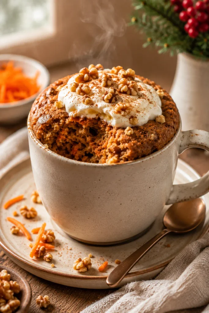A warm, healthy carrot cake mug cake topped with yogurt, walnuts, and cinnamon for healthy winter dessert recipe ideas for cozy nights.