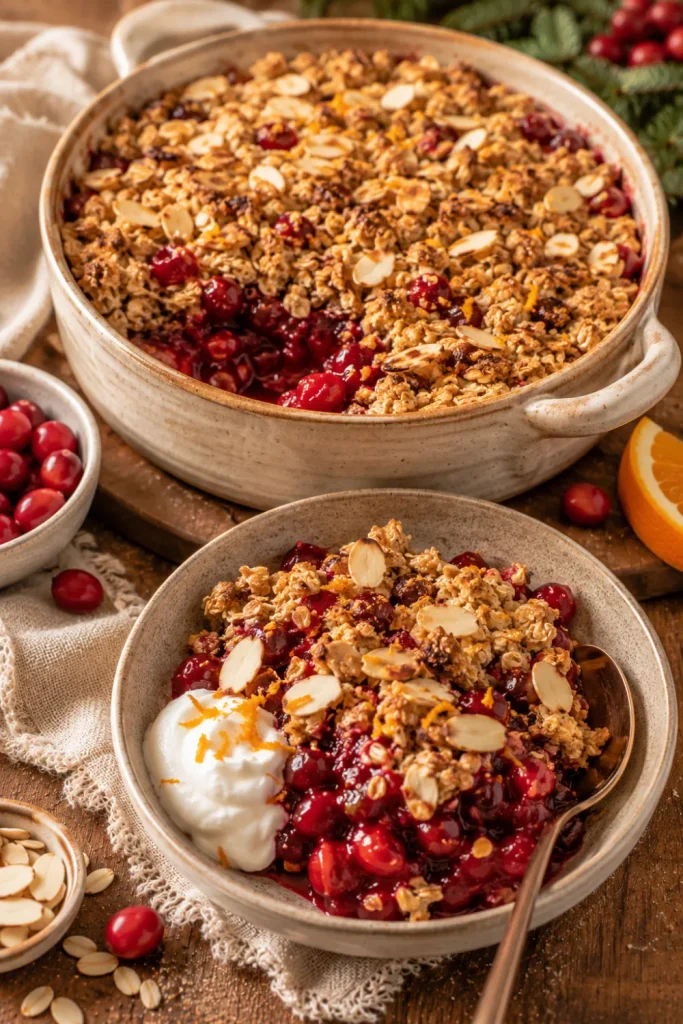 Warm cranberry orange almond crisp with golden oat and almond topping in a cozy winter setting for Healthy Winter Desserts Recipe Ideas For Cozy Nights.