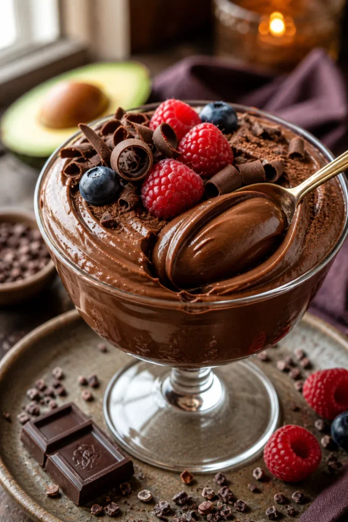 Creamy dark chocolate avocado mousse topped with berries and chocolate shavings for healthy winter dessert recipe ideas for cozy nights.