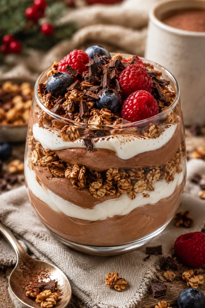 Layered Greek yogurt hot chocolate parfait with granola and dark chocolate shavings for healthy winter dessert recipe ideas for cozy nights.