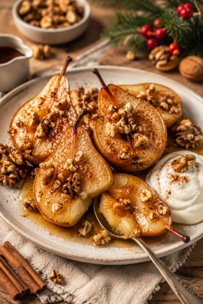 Maple-roasted pears with cinnamon and toasted walnuts served warm in a modern winter dessert setting for Healthy Winter Desserts Recipe Ideas For Cozy Nights.