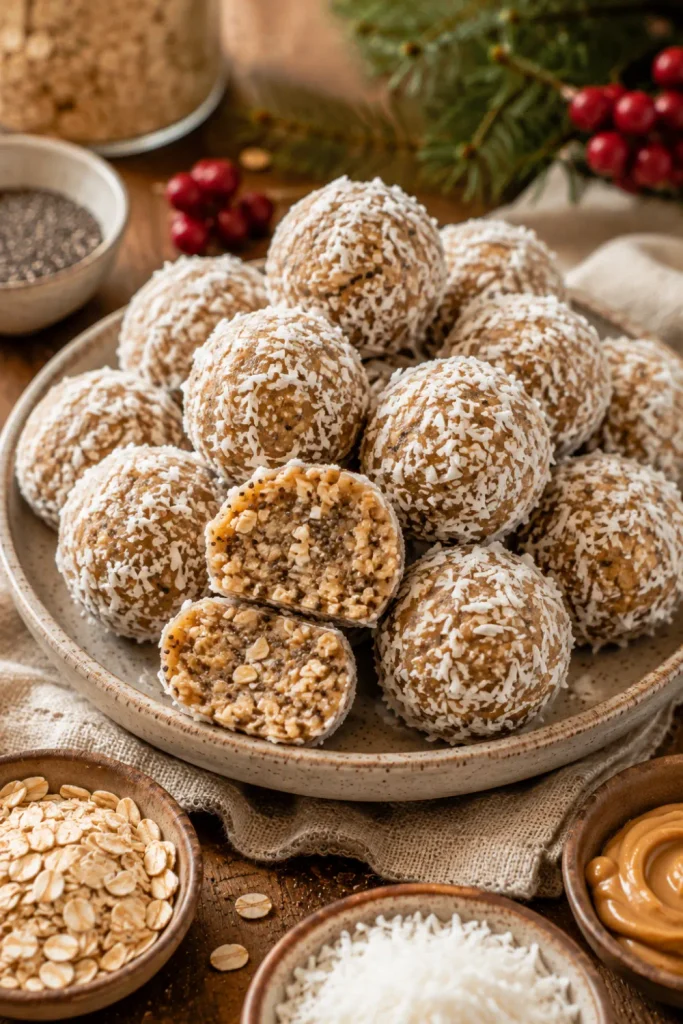 No-bake coconut energy balls rolled in shredded coconut and served with oats and chia seeds for healthy winter dessert recipe ideas for cozy nights.