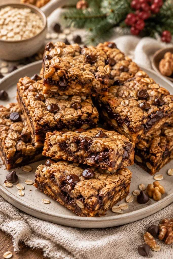 Chewy oatmeal chocolate chip bars with dark chocolate pieces are arranged on a cozy winter table for Healthy Winter Desserts Recipe Ideas For Cozy Nights.