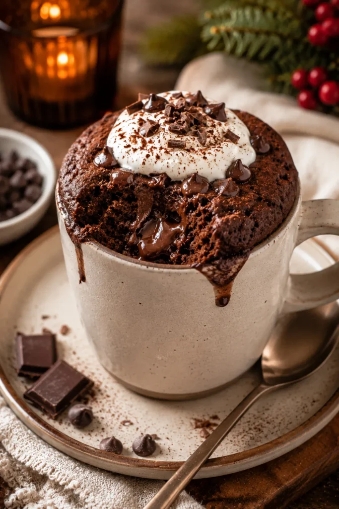 Protein-packed chocolate mug cake with melted dark chocolate and Greek yogurt in a cozy winter setting for Healthy Winter Desserts Recipe Ideas For Cozy Nights.