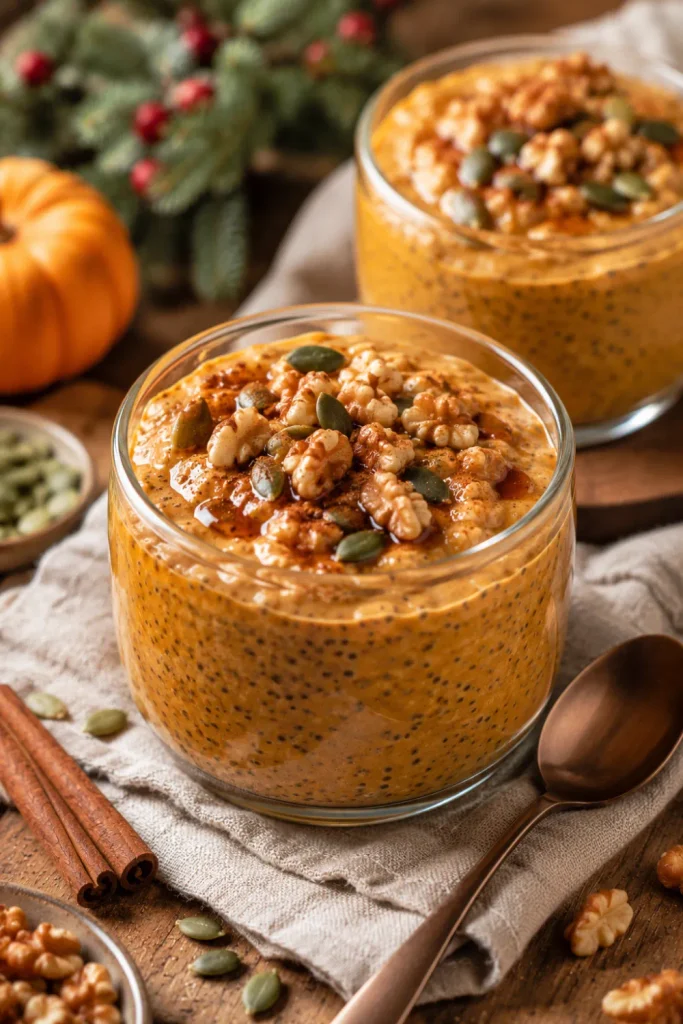 Creamy pumpkin chia seed pudding topped with walnuts and cinnamon in a cozy winter setting for Healthy Winter Desserts Recipe Ideas For Cozy Nights.