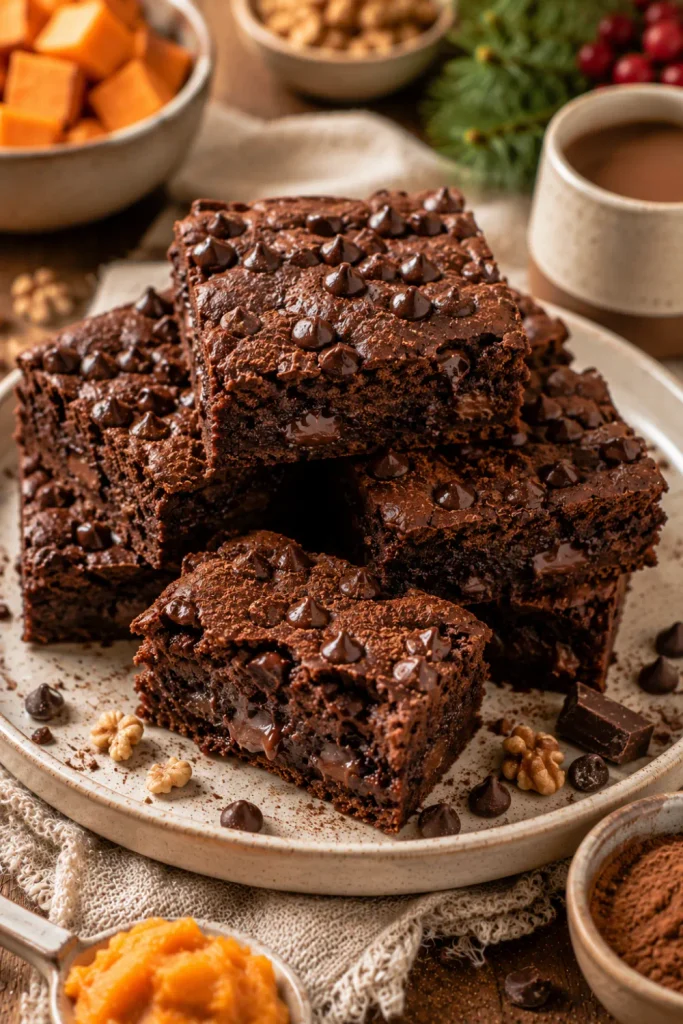Fudgy, healthy sweet potato brownies with dark chocolate chips arranged on a cozy winter dessert table for Healthy Winter Desserts Recipe Ideas For Cozy Nights.
