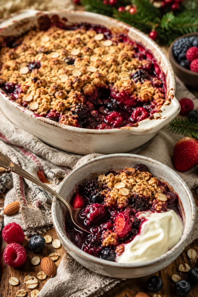 Warm berry crumble with almond flour topping and juicy berries in a cozy winter setting for Healthy Winter Desserts Recipe Ideas For Cozy Nights.