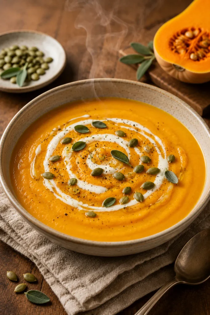 Cozy butternut squash soup with a creamy golden texture, pumpkin seeds, sage, and a light cream swirl in a modern winter dinner setting.