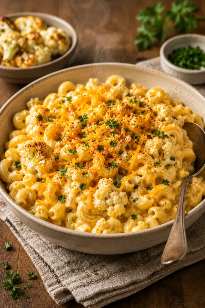 Creamy cauliflower mac and cheese with whole-grain pasta, sharp cheddar sauce, cauliflower, garlic, parsley, and toasted breadcrumbs.