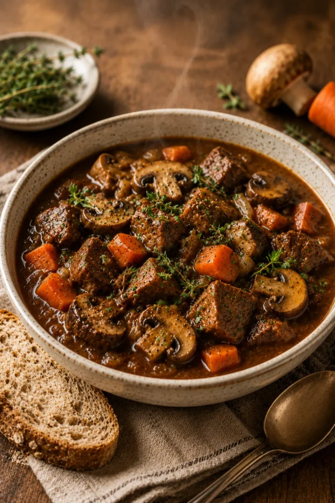 Healthy beef and mushroom stew with tender beef, browned mushrooms, carrots, onions, thyme, and rich savory broth in a cozy winter food setting.