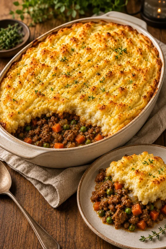 Healthy shepherd's pie with creamy golden mashed potato topping, lean meat, peas, carrots, onions, herbs, and rich vegetable filling.