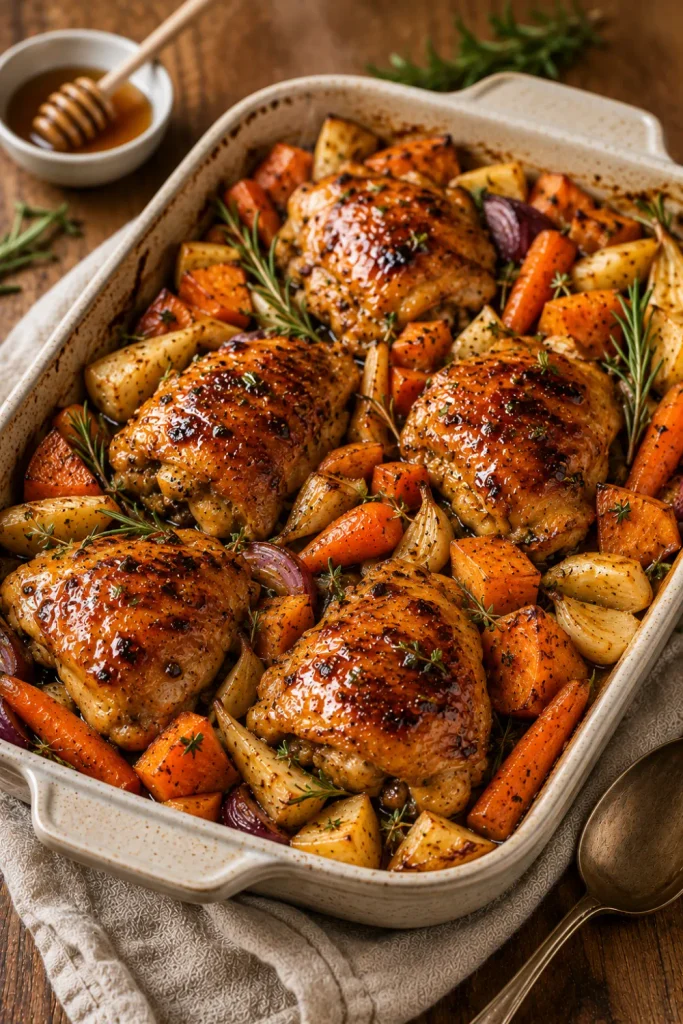 Oven-baked honey garlic chicken with glossy roasted chicken, carrots, parsnips, sweet potatoes, garlic, rosemary, and caramelized root vegetables.