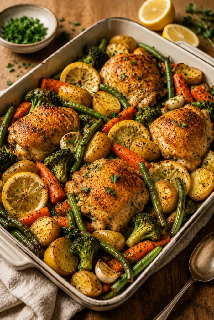 One-pan lemon garlic chicken with golden roasted chicken, baby potatoes, green vegetables, carrots, garlic, lemon, and fresh herbs.
