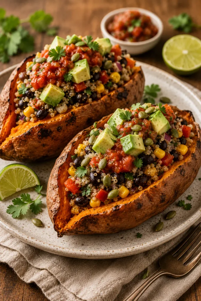 Quinoa and black bean-stuffed sweet potatoes with avocado, corn, salsa, cilantro, lime, and pumpkin seeds in a colorful modern winter dinner setting.