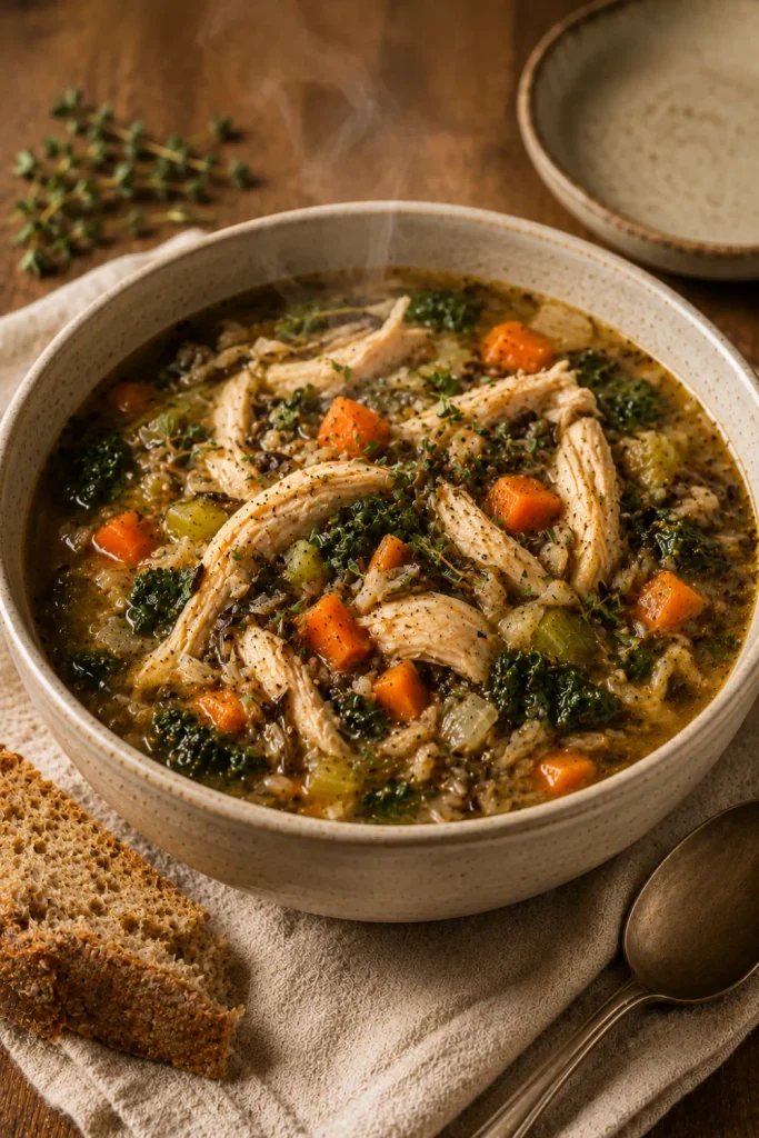 Slow cooker chicken and wild rice soup with shredded chicken, wild rice, carrots, celery, kale, thyme, and warm, golden broth.