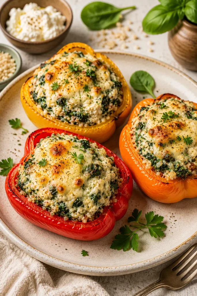 Spinach and ricotta-stuffed bell peppers filled with quinoa, spinach, garlic, herbs, and melted cheese in a colorful modern winter dinner setting.