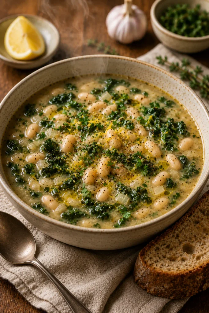 Tuscan white bean and kale soup with creamy cannellini beans, tender kale, garlic, herbs, lemon, olive oil, and crusty bread.