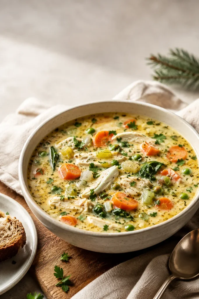 Ultra-realistic creamy chicken and vegetable soup with tender chicken, carrots, celery, peas, herbs, and creamy broth in a modern winter Pinterest food setting.