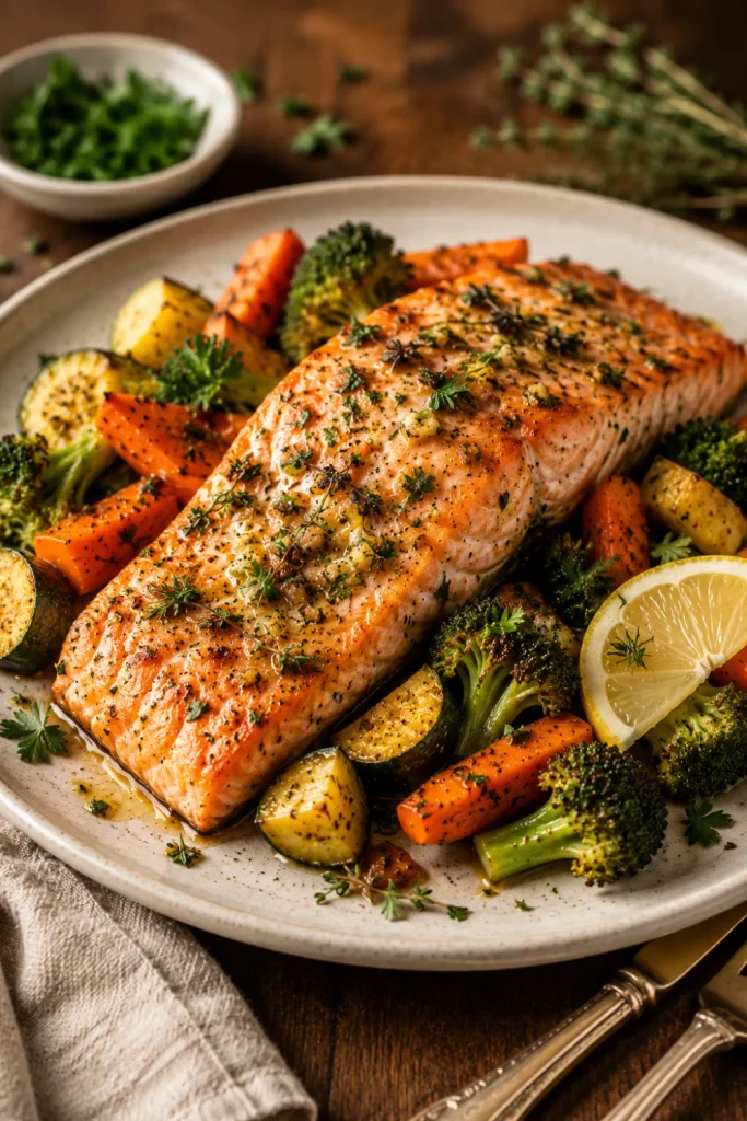 Garlic herb baked salmon with roasted broccoli, carrots, zucchini, lemon, and fresh herbs styled as a colorful healthy winter dinner.