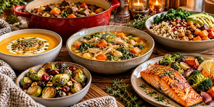 Healthy winter dinner comfort recipe ideas featuring hearty stew, creamy squash soup, roasted vegetables, glazed salmon, Brussels sprouts, and wholesome grain bowls on a cozy rustic table.