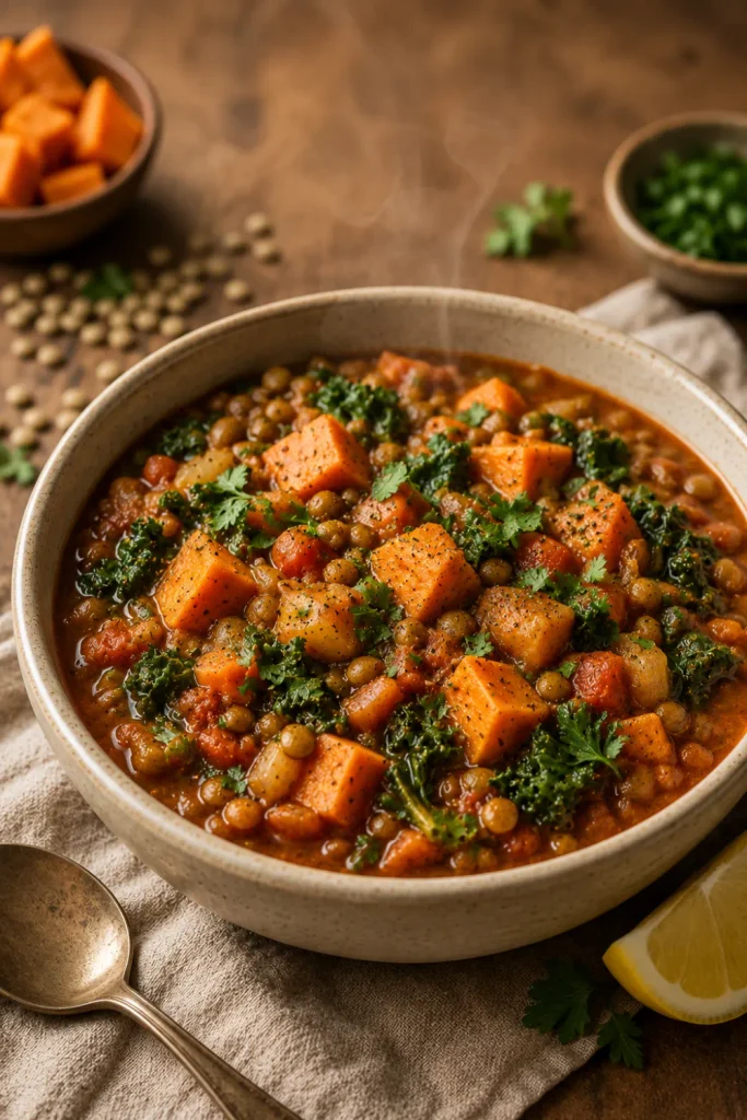 One-pot lentil and sweet potato stew with tender orange sweet potatoes, lentils, kale, tomatoes, and warming spices in a cozy winter setting.