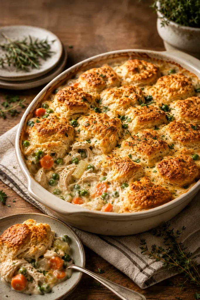 Light chicken pot pie casserole with creamy chicken, peas, carrots, celery, and a golden flaky biscuit topping in a cozy modern winter setting.