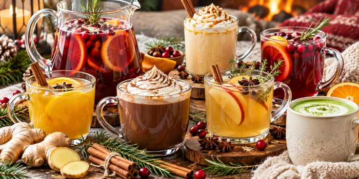 Healthy winter drinks for a crowd featuring cranberry citrus punch, spiced apple cider, creamy hot cocoa, warm lattes, ginger, cinnamon, rosemary, and festive winter garnishes.