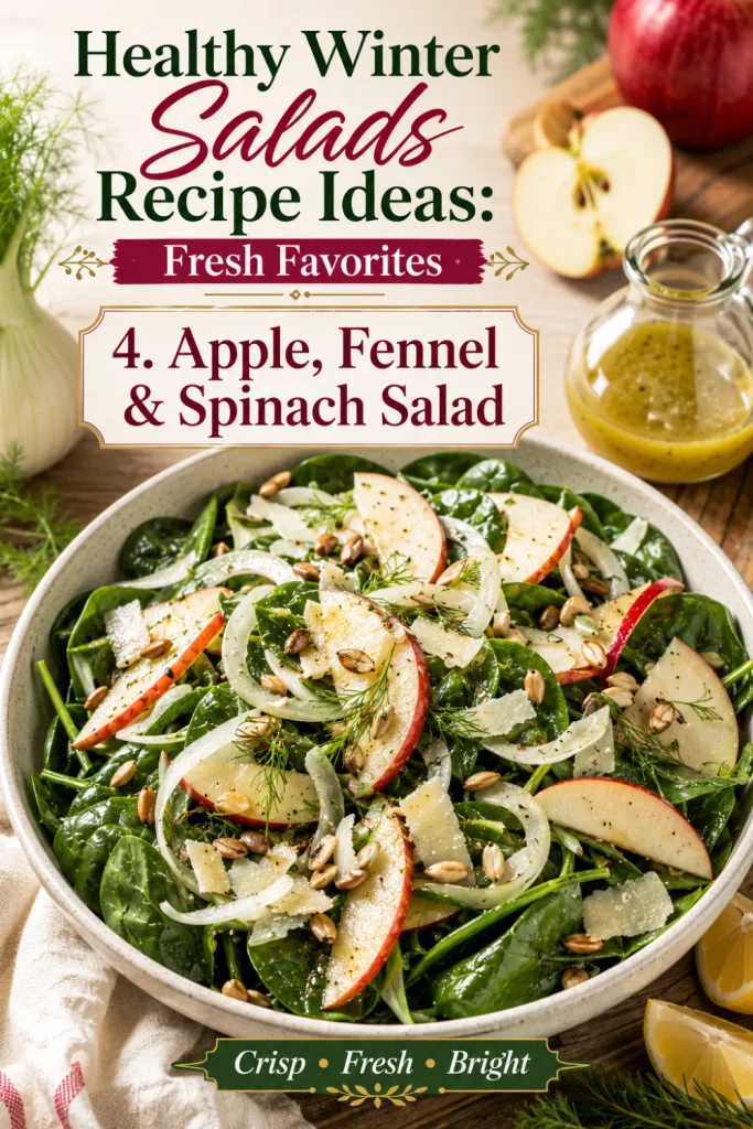 Healthy Winter Salads Recipe Ideas: Fresh Favorites with crisp apple, shaved fennel, baby spinach, sunflower seeds, and Parmesan.