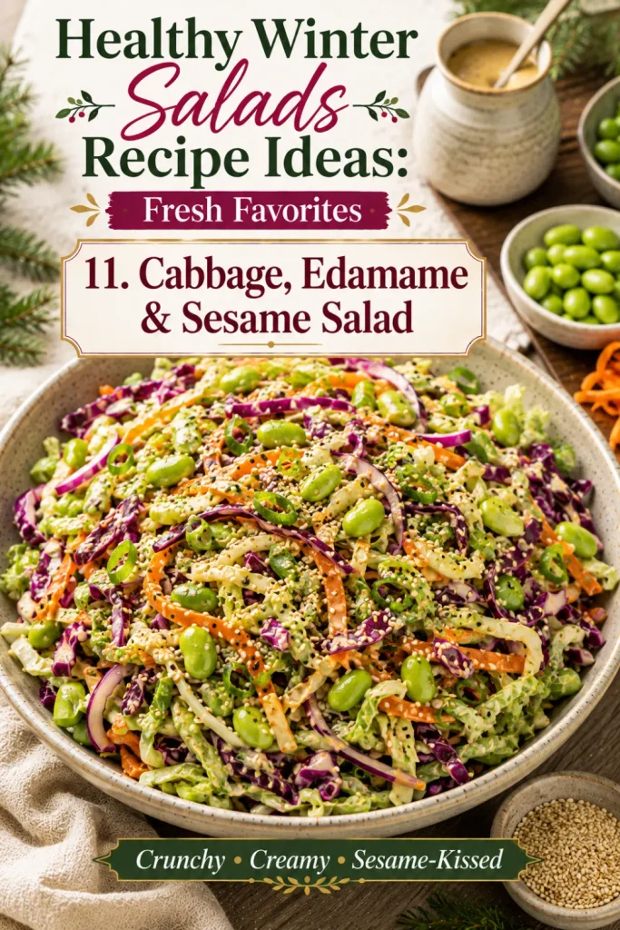 Healthy Winter Salads Recipe Ideas: Fresh Favorites featuring shredded cabbage, edamame, carrots, green onions, sesame seeds, and sesame-ginger dressing.