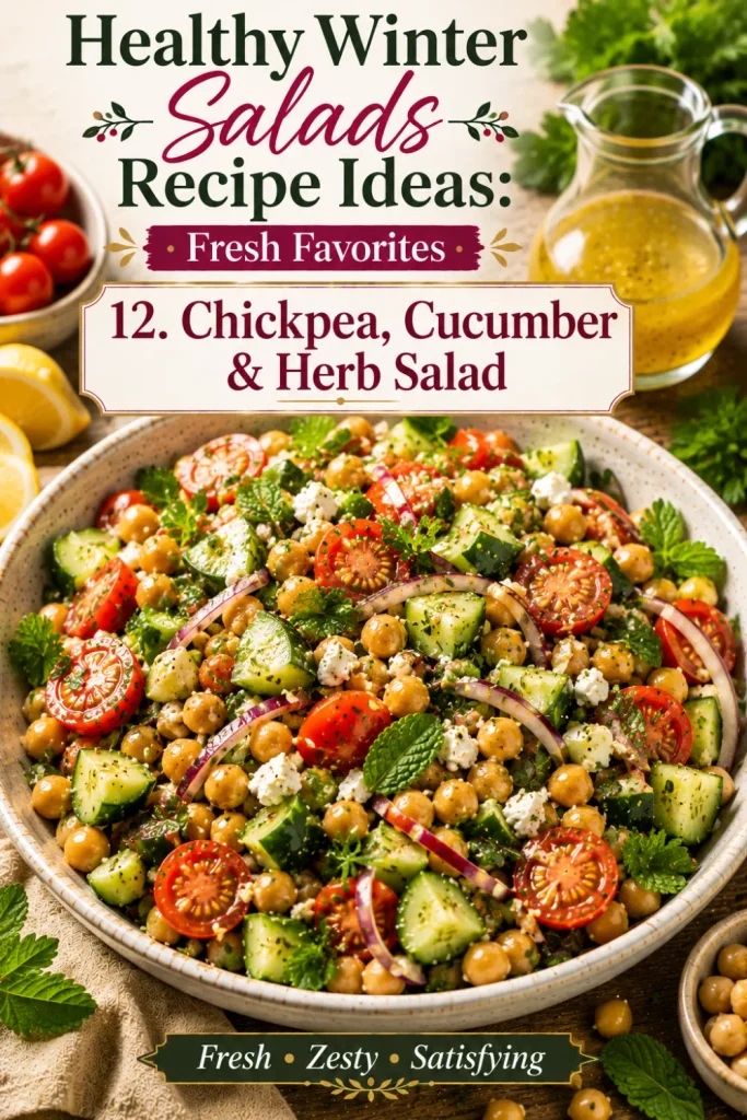 Healthy Winter Salads Recipe Ideas: Fresh Favorites with chickpeas, cucumber, parsley, mint, cherry tomatoes, red onion, and lemon dressing.