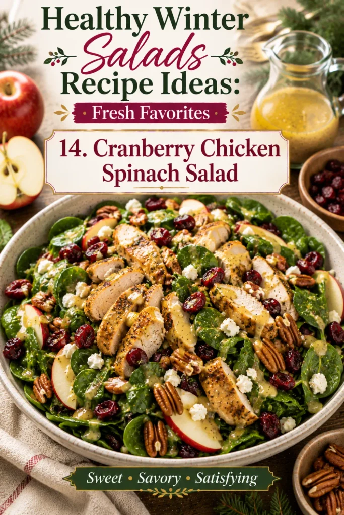 Healthy Winter Salads Recipe Ideas: Fresh Favorites with spinach, chicken, cranberries, pecans, apples, feta, and honey-mustard dressing.