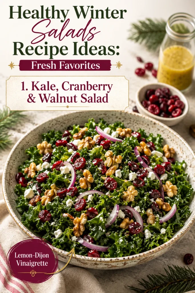 Healthy Winter Salads Recipe Ideas: Fresh Favorites featuring kale, cranberries, walnuts, feta, red onion, and lemon-Dijon dressing.
