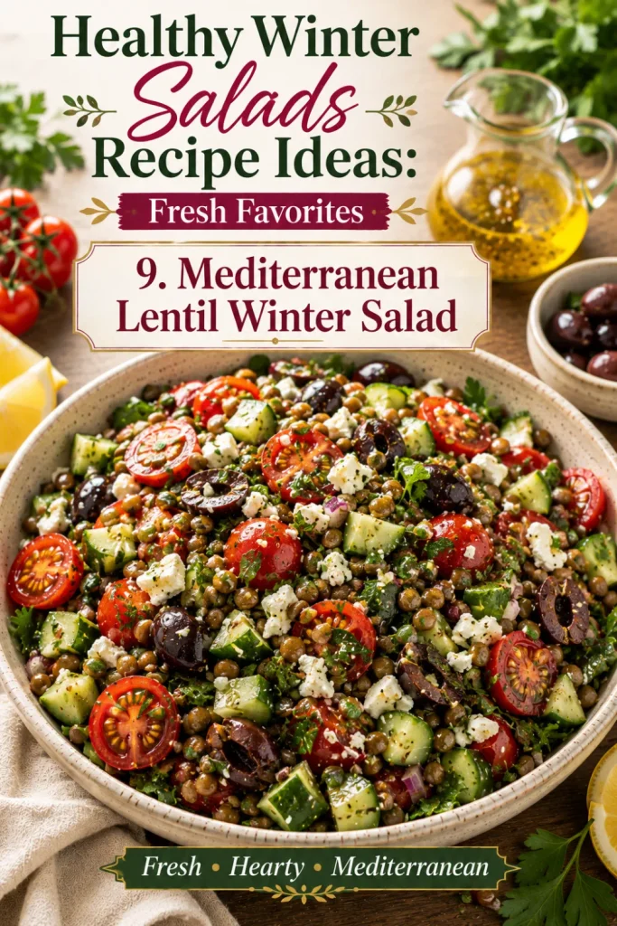 Healthy Winter Salads Recipe Ideas: Fresh Favorites with lentils, cucumber, cherry tomatoes, parsley, Kalamata olives, feta, and lemon dressing.