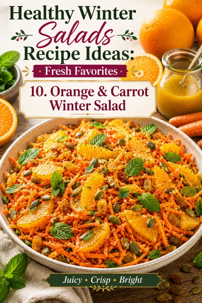 Healthy Winter Salads Recipe Ideas: Fresh Favorites featuring shredded carrots, fresh orange segments, mint, pumpkin seeds, raisins, and ginger-orange dressing.