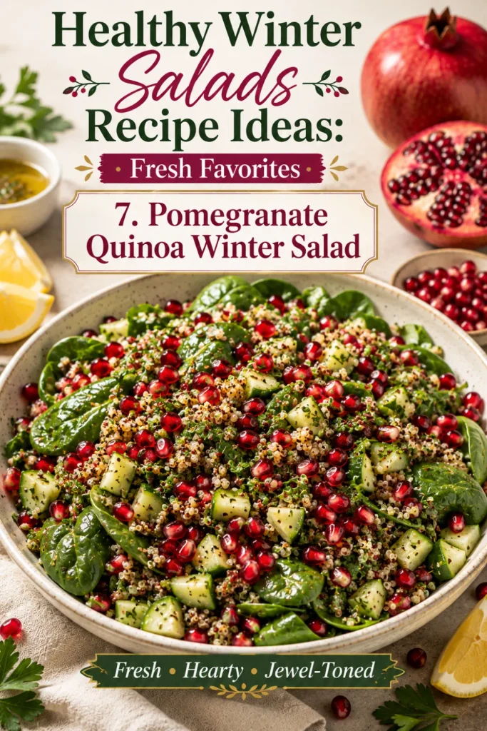 Healthy Winter Salads Recipe Ideas: Fresh Favorites featuring quinoa, pomegranate arils, baby spinach, parsley, cucumber, and lemon-herb dressing.