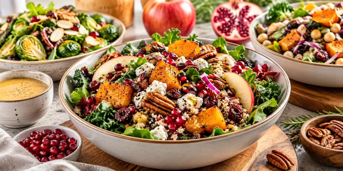 Healthy winter salads recipe ideas featuring fresh kale, roasted squash, apples, pomegranate, pecans, cranberries, feta, and grains served in modern ceramic bowls for a colorful seasonal meal.