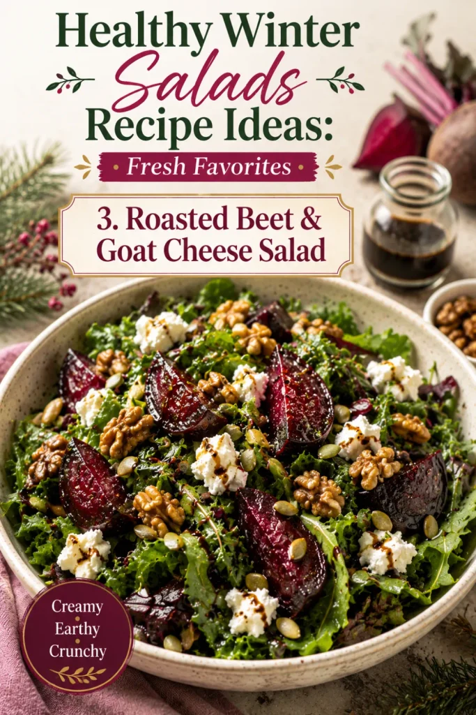 Healthy Winter Salads Recipe Ideas: Fresh Favorites featuring roasted beets, goat cheese, mixed greens, walnuts, and balsamic dressing.