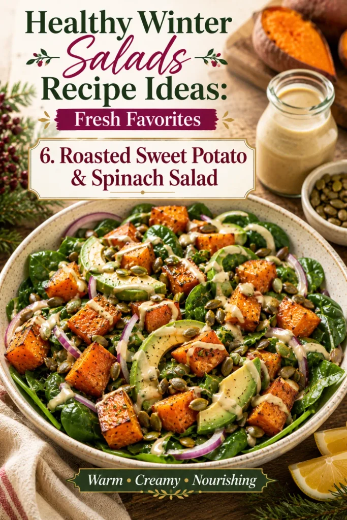 Healthy Winter Salads Recipe Ideas: Fresh Favorites featuring roasted sweet potato, baby spinach, avocado, pumpkin seeds, red onion, and tahini-lemon dressing.